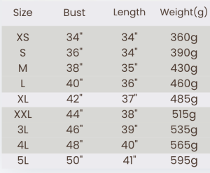 Black Assymetrical Tunic Size Chart 300x248