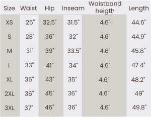 Bella Pants Plus Size Chart