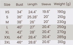 Long Sleeve Woman T-Shirt Size Chart
